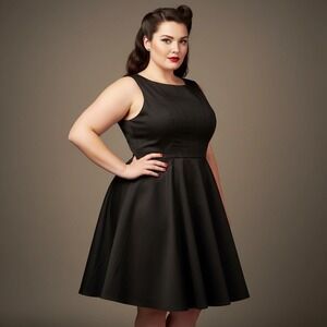Black Fit & Flare Dress XL 50s Retro Rockabilly Boat Neck Pleated Skater Swing
